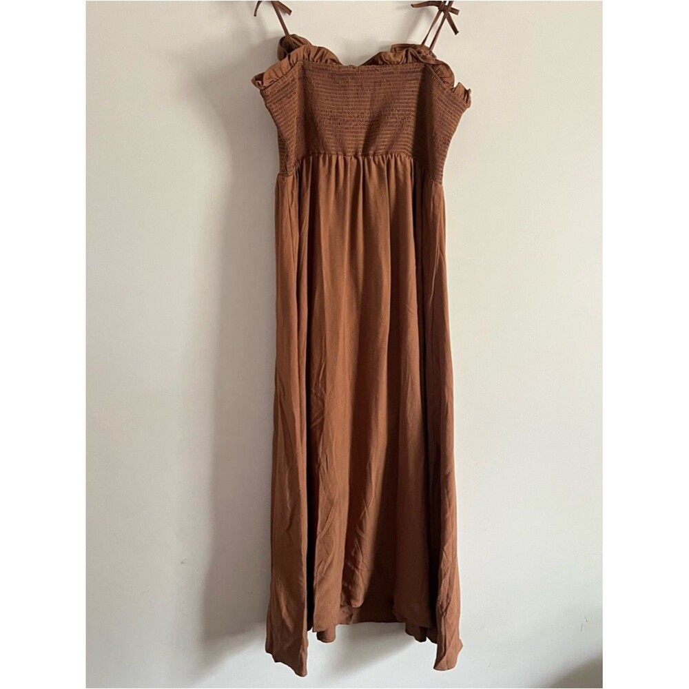By The River Dress Large Brown Smocked Tie Strap Boho Maxi Summer Flowy - Picture 9 of 9